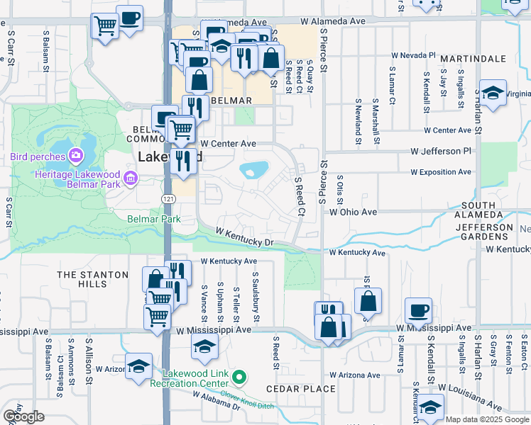 map of restaurants, bars, coffee shops, grocery stores, and more near 7247 West Kentucky Drive in Lakewood