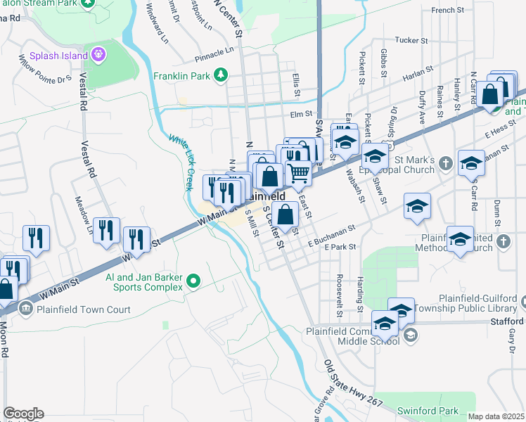 map of restaurants, bars, coffee shops, grocery stores, and more near 120 South Center Street in Plainfield