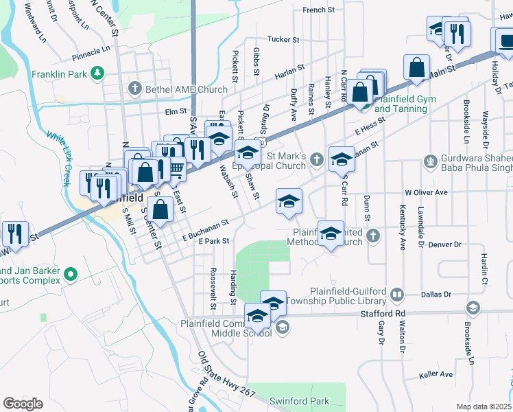 map of restaurants, bars, coffee shops, grocery stores, and more near 326 Shaw Street in Plainfield