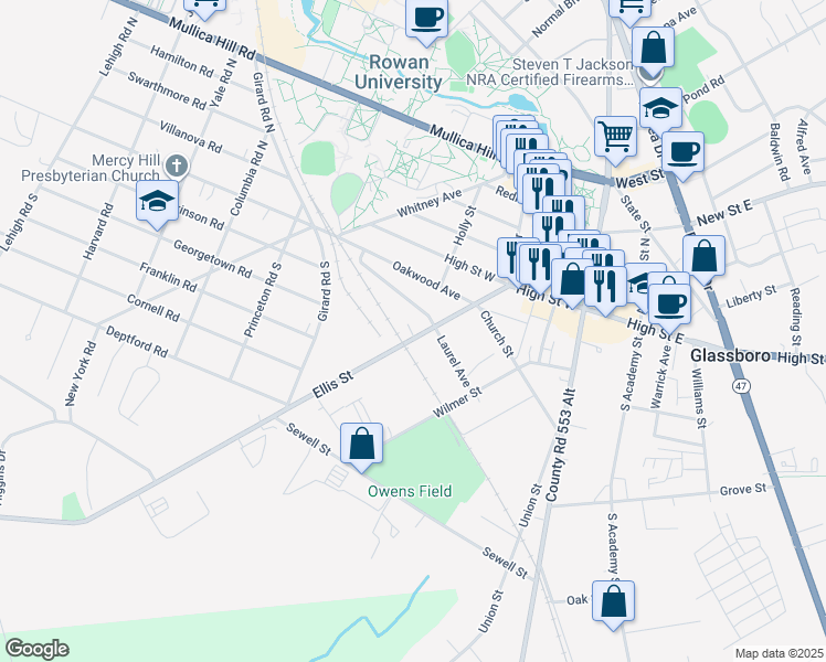 map of restaurants, bars, coffee shops, grocery stores, and more near 311 Ellis Street in Glassboro