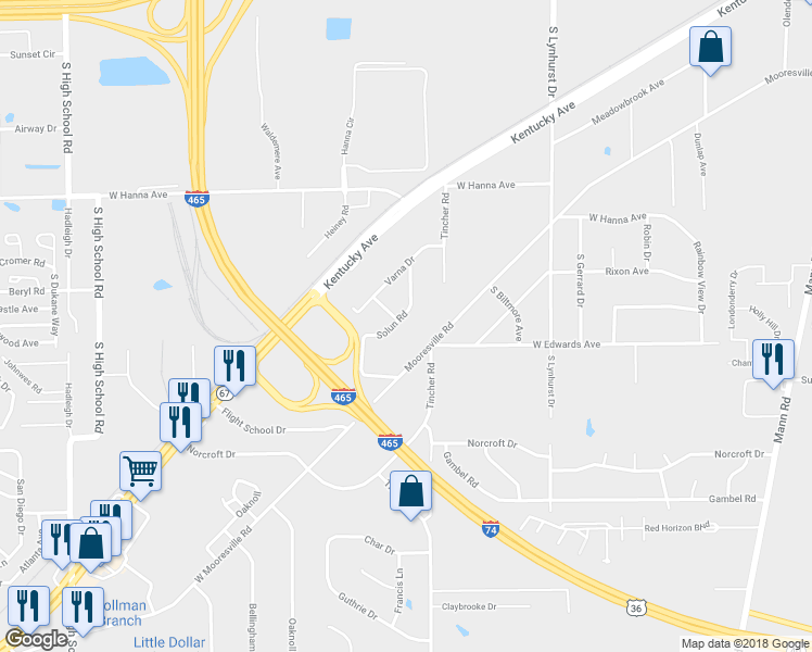 map of restaurants, bars, coffee shops, grocery stores, and more near 4247 Solun Road in Indianapolis