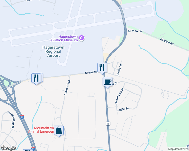map of restaurants, bars, coffee shops, grocery stores, and more near 18545 Showalter Road in Hagerstown