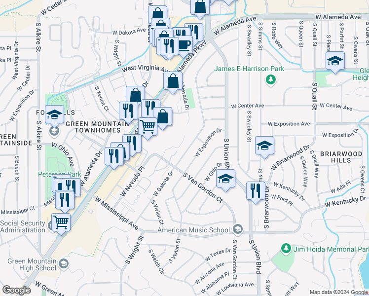 map of restaurants, bars, coffee shops, grocery stores, and more near 12201 West Dakota Drive in Lakewood