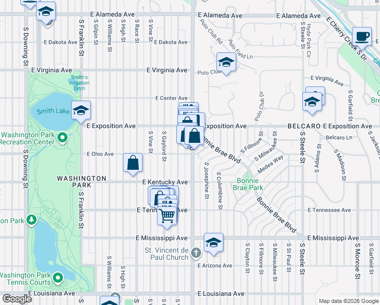 map of restaurants, bars, coffee shops, grocery stores, and more near 799 South University Boulevard in Denver