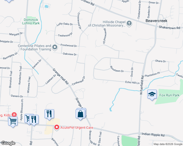 map of restaurants, bars, coffee shops, grocery stores, and more near 3769 Echo Hill Lane in Beavercreek