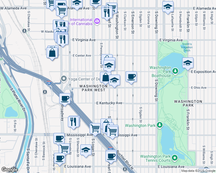 map of restaurants, bars, coffee shops, grocery stores, and more near 799 South Pearl Street in Denver