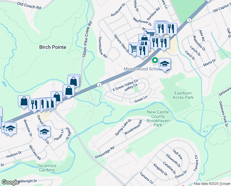 map of restaurants, bars, coffee shops, grocery stores, and more near 25 East Green Valley Circle in Newark