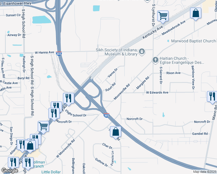 map of restaurants, bars, coffee shops, grocery stores, and more near 4250 Solun Road in Indianapolis
