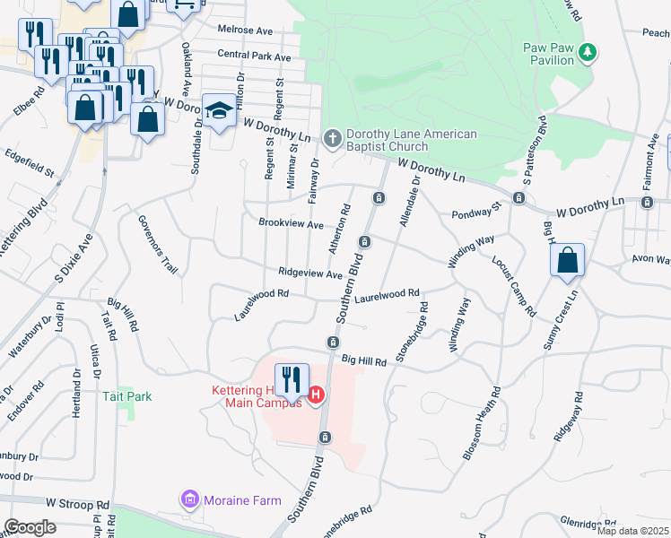 map of restaurants, bars, coffee shops, grocery stores, and more near 1117 Ridgeview Avenue in Dayton