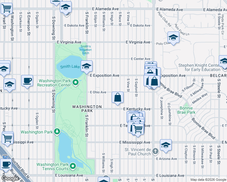 map of restaurants, bars, coffee shops, grocery stores, and more near 1909 East Ohio Avenue in Denver