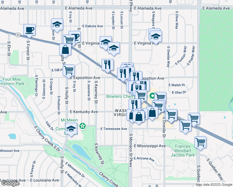 map of restaurants, bars, coffee shops, grocery stores, and more near 6343 East Ohio Avenue in Denver