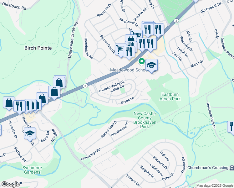 map of restaurants, bars, coffee shops, grocery stores, and more near 127 East Green Valley Circle in Newark