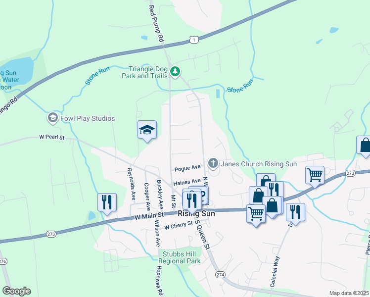 map of restaurants, bars, coffee shops, grocery stores, and more near 10 Brinker Court in Rising Sun