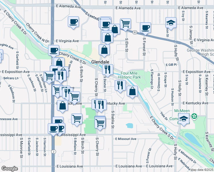 map of restaurants, bars, coffee shops, grocery stores, and more near 790 South Dexter Street in Denver
