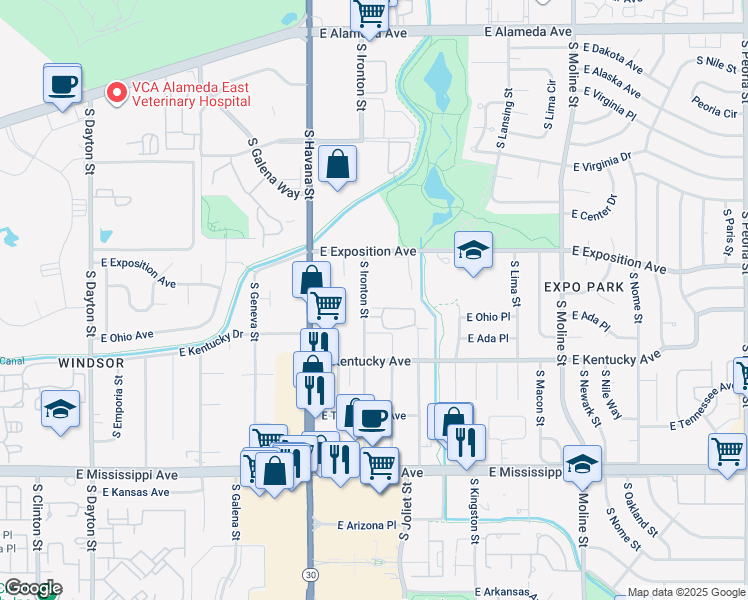 map of restaurants, bars, coffee shops, grocery stores, and more near 800 South Ironton Street in Aurora