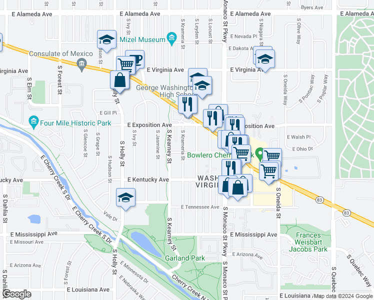 map of restaurants, bars, coffee shops, grocery stores, and more near 800 South Krameria Street in Denver