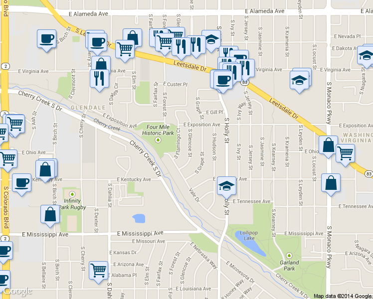 map of restaurants, bars, coffee shops, grocery stores, and more near 795 South Glencoe Street in Denver