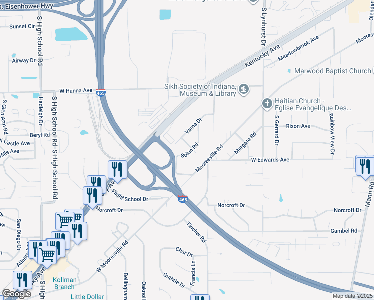 map of restaurants, bars, coffee shops, grocery stores, and more near 4250 Solun Road in Indianapolis