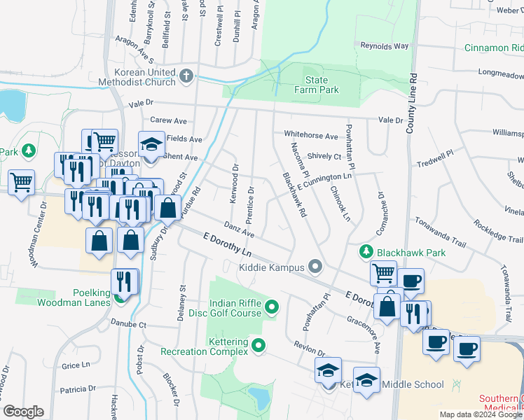 map of restaurants, bars, coffee shops, grocery stores, and more near 2917 Cunnington Lane in Dayton