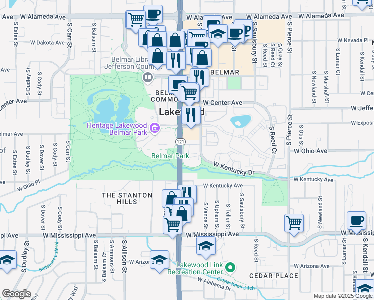 map of restaurants, bars, coffee shops, grocery stores, and more near 825 South Vance Street in Denver