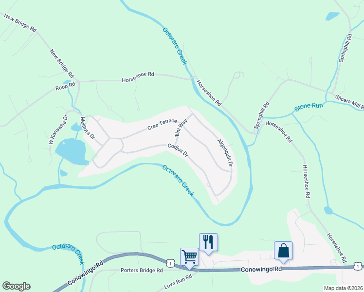 map of restaurants, bars, coffee shops, grocery stores, and more near 4 Illini Way in Rising Sun