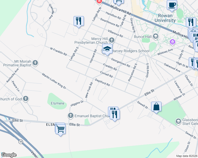 map of restaurants, bars, coffee shops, grocery stores, and more near 220 Deptford Road in Glassboro