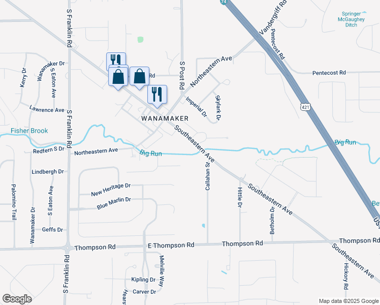 map of restaurants, bars, coffee shops, grocery stores, and more near 8985 Southeastern Avenue in Indianapolis