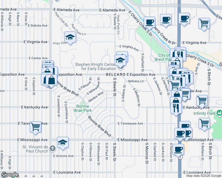 map of restaurants, bars, coffee shops, grocery stores, and more near 3131 Ohio Way in Denver