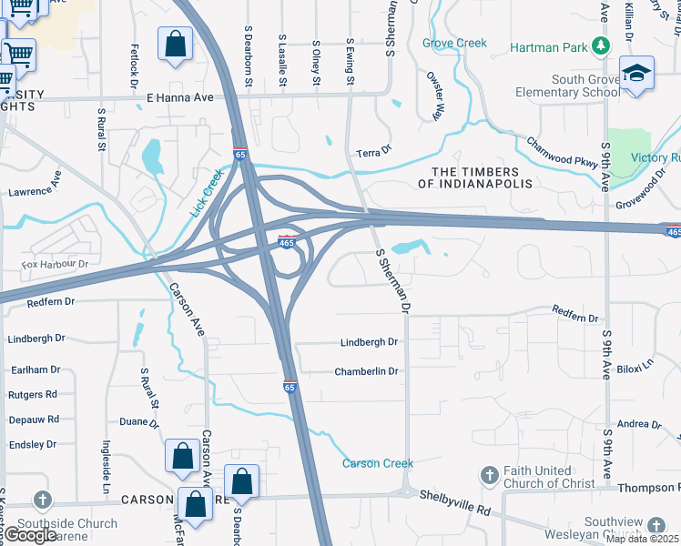 map of restaurants, bars, coffee shops, grocery stores, and more near 4444 Lickridge Court in Indianapolis