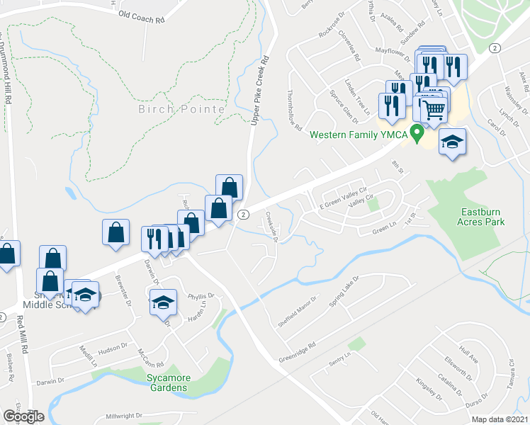map of restaurants, bars, coffee shops, grocery stores, and more near 207 Creekside Drive in Newark