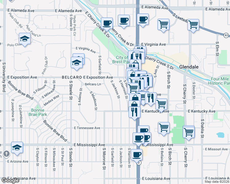 map of restaurants, bars, coffee shops, grocery stores, and more near 755 South Jackson Street in Denver