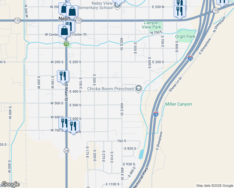map of restaurants, bars, coffee shops, grocery stores, and more near 368 East 400 South in Nephi