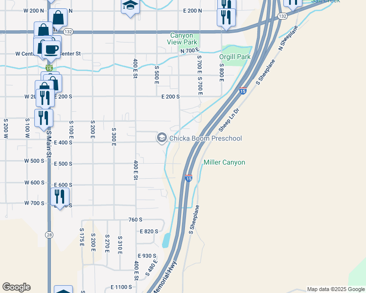 map of restaurants, bars, coffee shops, grocery stores, and more near 427 South 600 East in Nephi