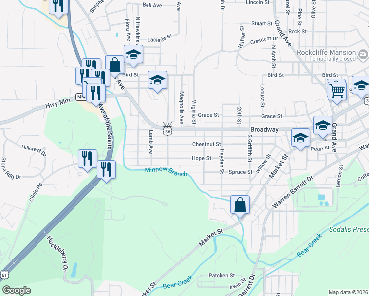 map of restaurants, bars, coffee shops, grocery stores, and more near 2310 Hope Street in Hannibal