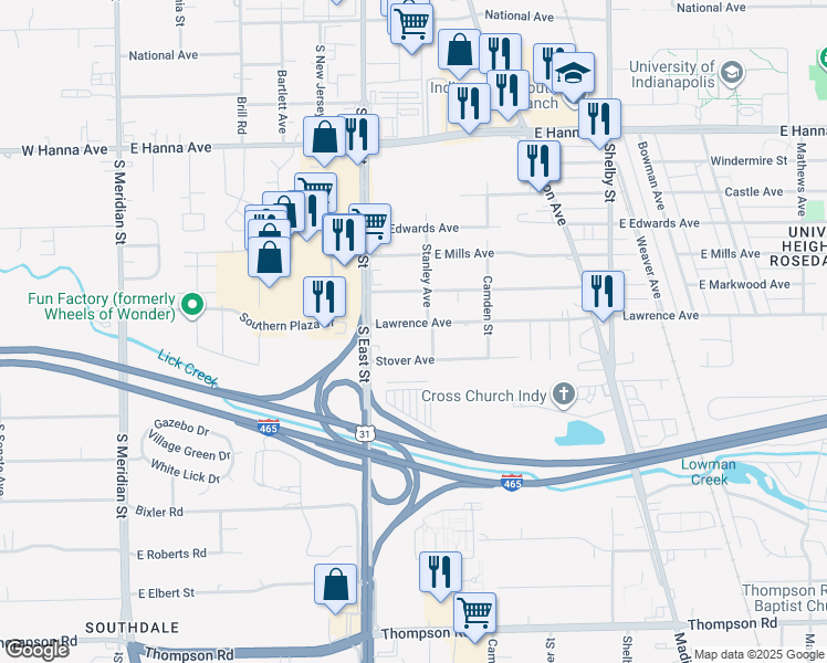 map of restaurants, bars, coffee shops, grocery stores, and more near 533 Lawrence Avenue in Indianapolis