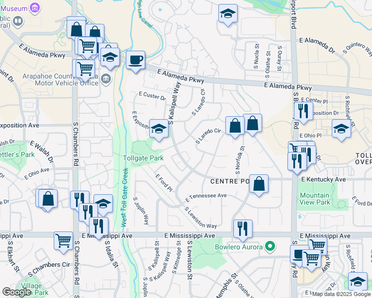 map of restaurants, bars, coffee shops, grocery stores, and more near 818 South Kalispell Circle in Aurora