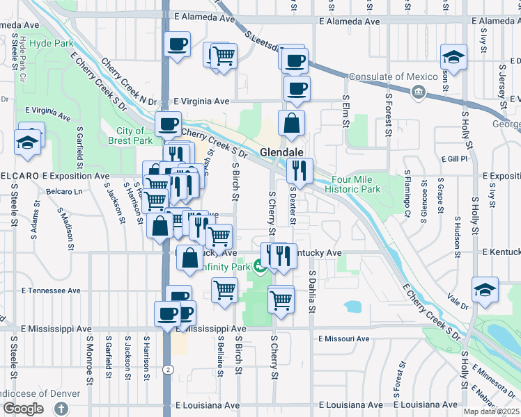 map of restaurants, bars, coffee shops, grocery stores, and more near 801 South Cherry Street in Glendale