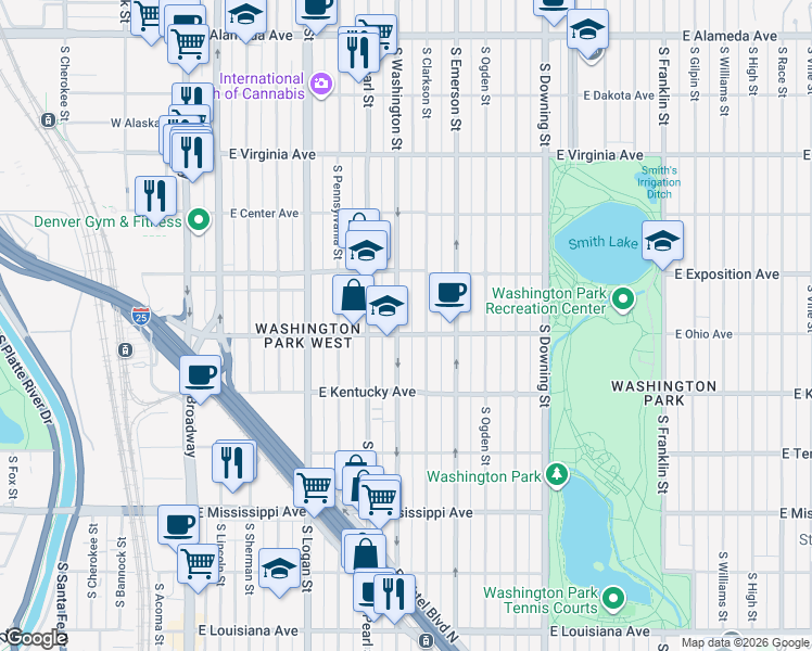 map of restaurants, bars, coffee shops, grocery stores, and more near 800 South Washington Street in Denver