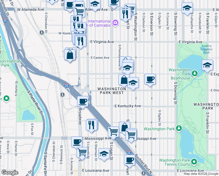 map of restaurants, bars, coffee shops, grocery stores, and more near 790 South Grant Street in Denver