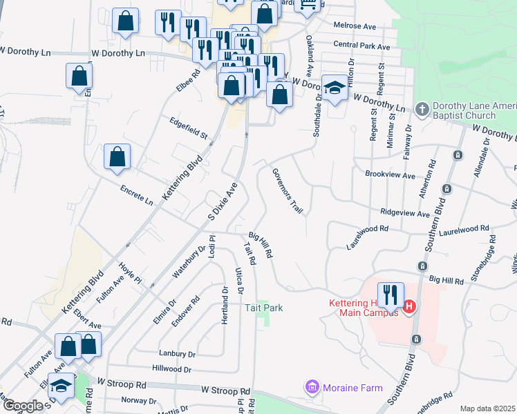 map of restaurants, bars, coffee shops, grocery stores, and more near 3400 Office Park Drive in Dayton