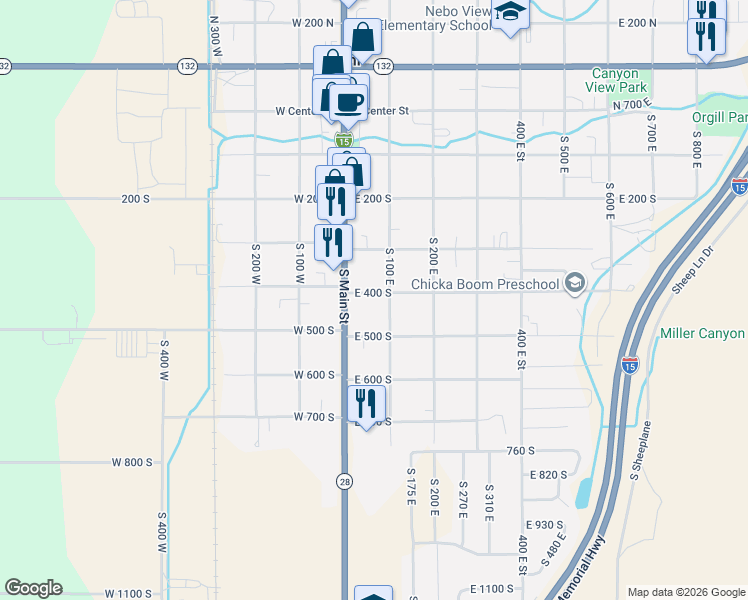 map of restaurants, bars, coffee shops, grocery stores, and more near 66 East 400 South in Nephi