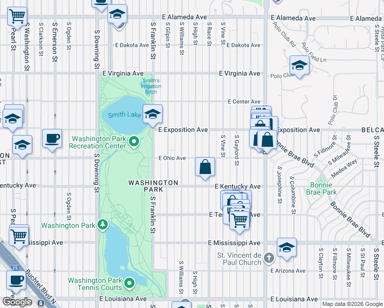 map of restaurants, bars, coffee shops, grocery stores, and more near 805 South High Street in Denver