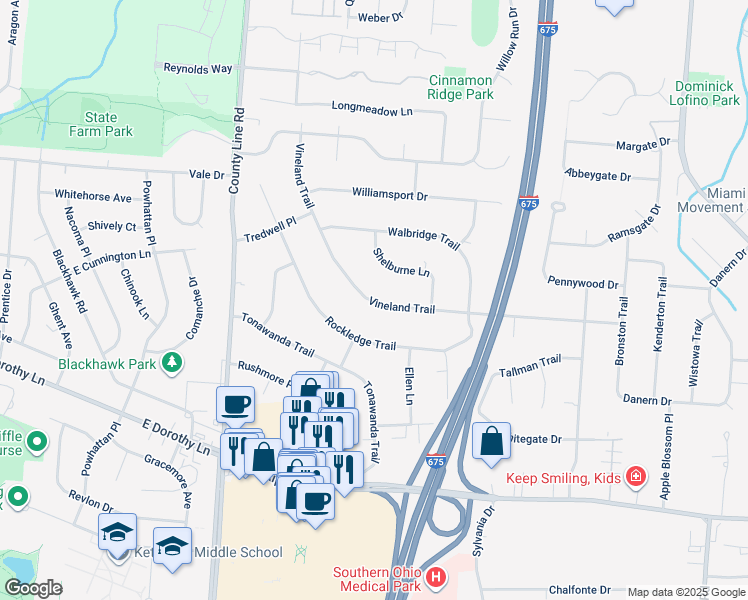 map of restaurants, bars, coffee shops, grocery stores, and more near 2824 Vineland Trail in Beavercreek