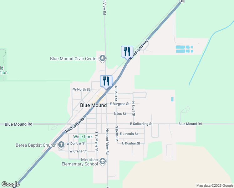 map of restaurants, bars, coffee shops, grocery stores, and more near 206 East Power Street in Blue Mound