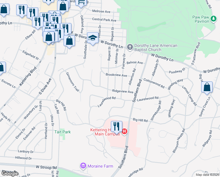 map of restaurants, bars, coffee shops, grocery stores, and more near 3300 Regent Street in Dayton