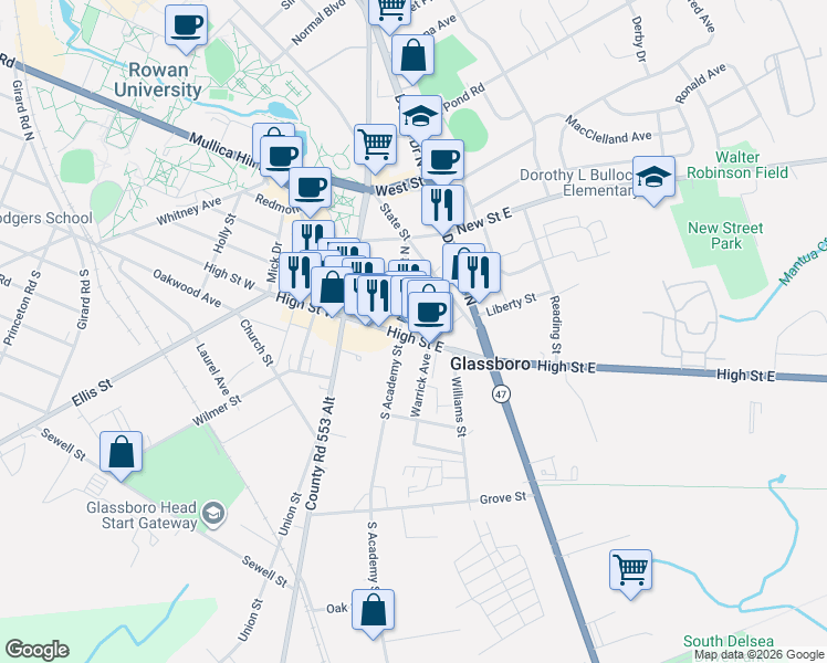 map of restaurants, bars, coffee shops, grocery stores, and more near 107 High Street East in Glassboro