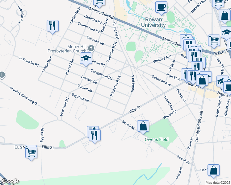 map of restaurants, bars, coffee shops, grocery stores, and more near 22 Franklin Road in Glassboro