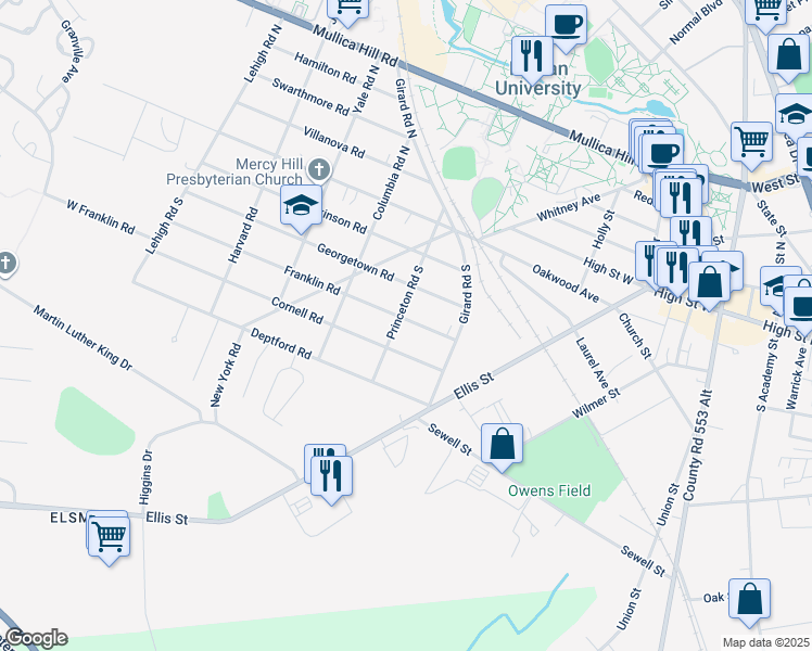 map of restaurants, bars, coffee shops, grocery stores, and more near 22 Franklin Road in Glassboro