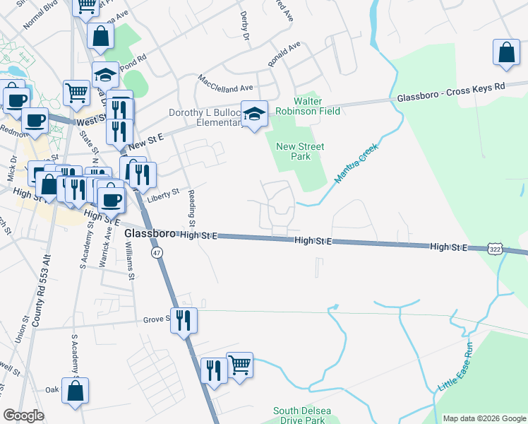 map of restaurants, bars, coffee shops, grocery stores, and more near Park Crest Village in Glassboro