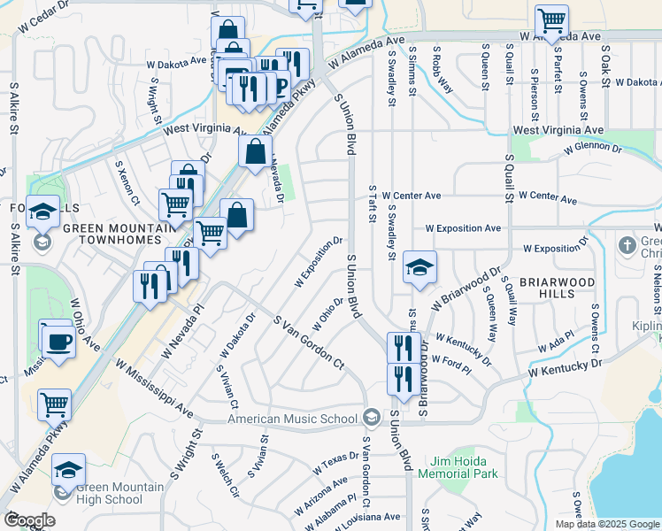 map of restaurants, bars, coffee shops, grocery stores, and more near 12156 West Ohio Place in Lakewood